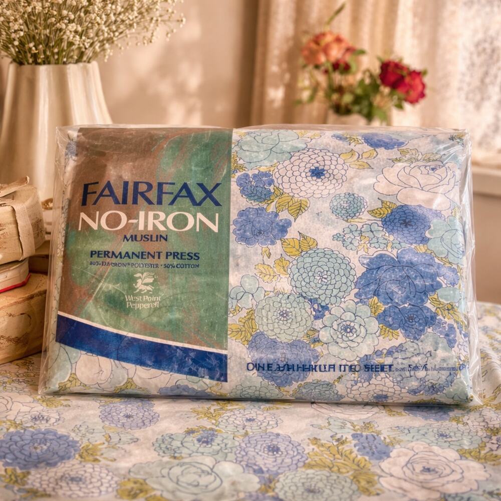 Vintage Fairfax Muslin Double Fitted Sheet NOS Blue Floral West Point Pepperell